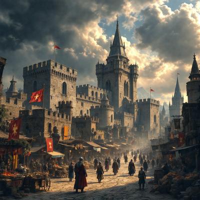 The primary subject of the image is a medieval city with a castle in the background. The setting is a cobblestone street with a castle in the distance. The visual style is a digital art illustration, giving the scene a vintage and historical atmosphere. The colors are predominantly earthy tones, such as red, brown, and yellow, which contribute to the medieval theme. The mood of the image is one of adventure and exploration, as the people in the scene seem to be walking around and exploring the city.